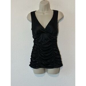 Y2K‎ Studio Y Top Womens M Black Ruched Satin Sleeveless Tank Cut Out Back